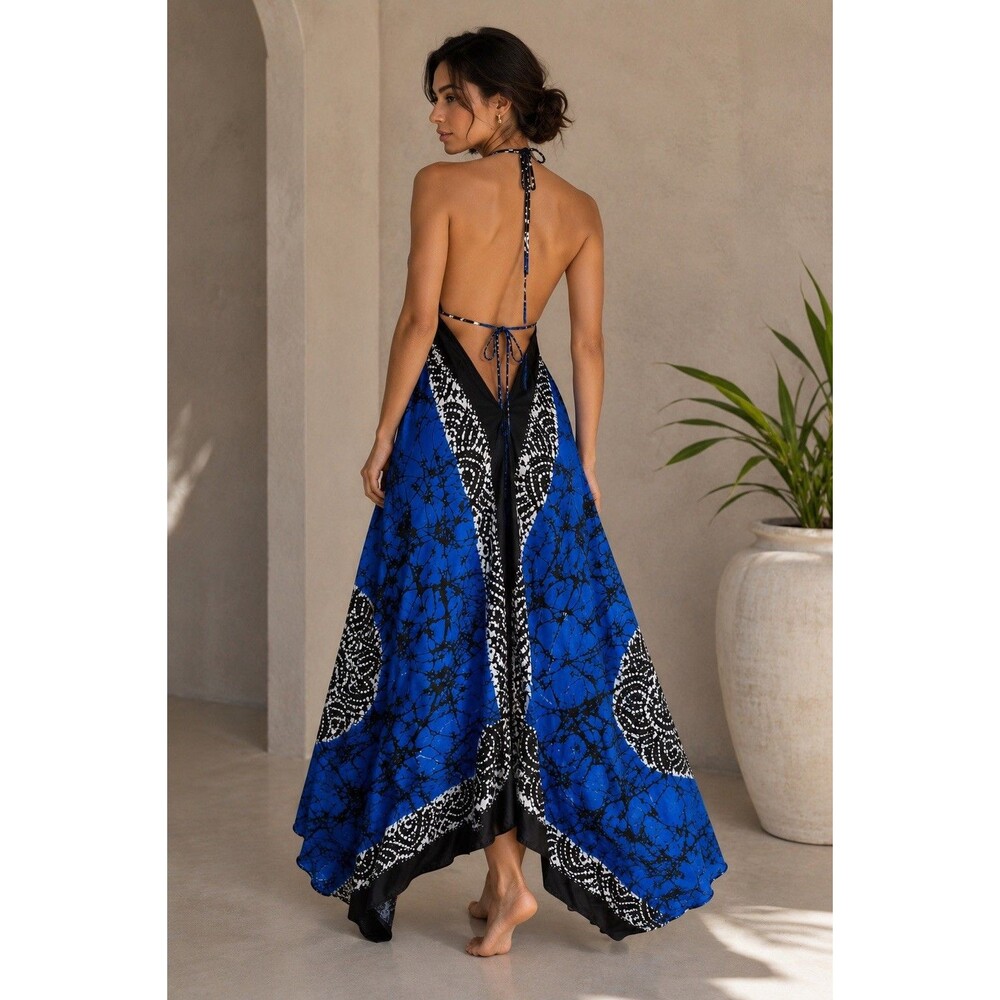 100% Silk Halter Maxi Dress Blue Black White Open Back Resort Free Size